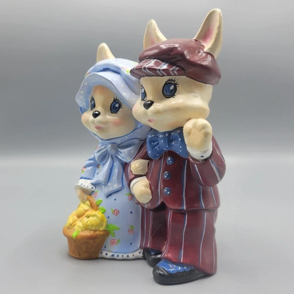 Vintage Ceramic Bunny Couple Figurine Victorian Clothing Shelf Decor